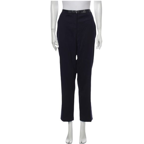 TORY BURCH Navy Blue Pants Straight Leg Leather Trim High Rise Office 12 NWOT - Picture 1 of 7